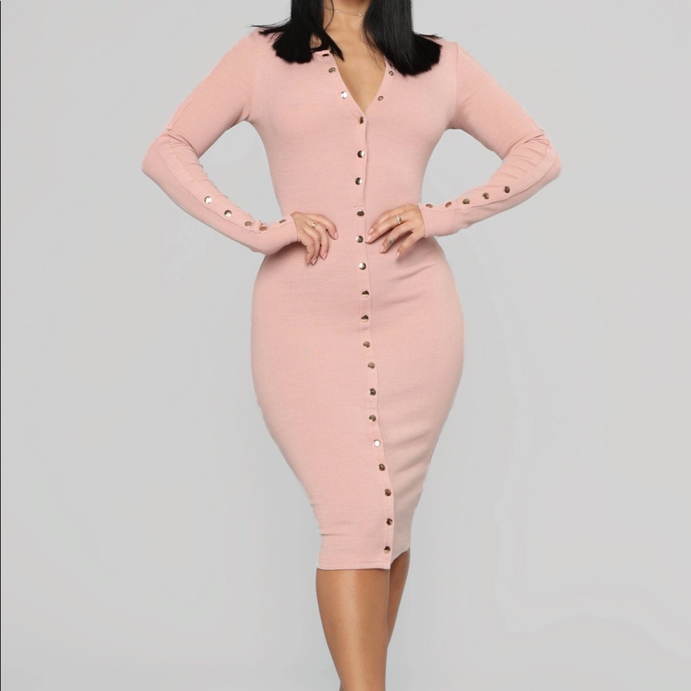 Fashion Nova Mauve (Pink) Button Long Sleeve Midi Dress | Size Small
